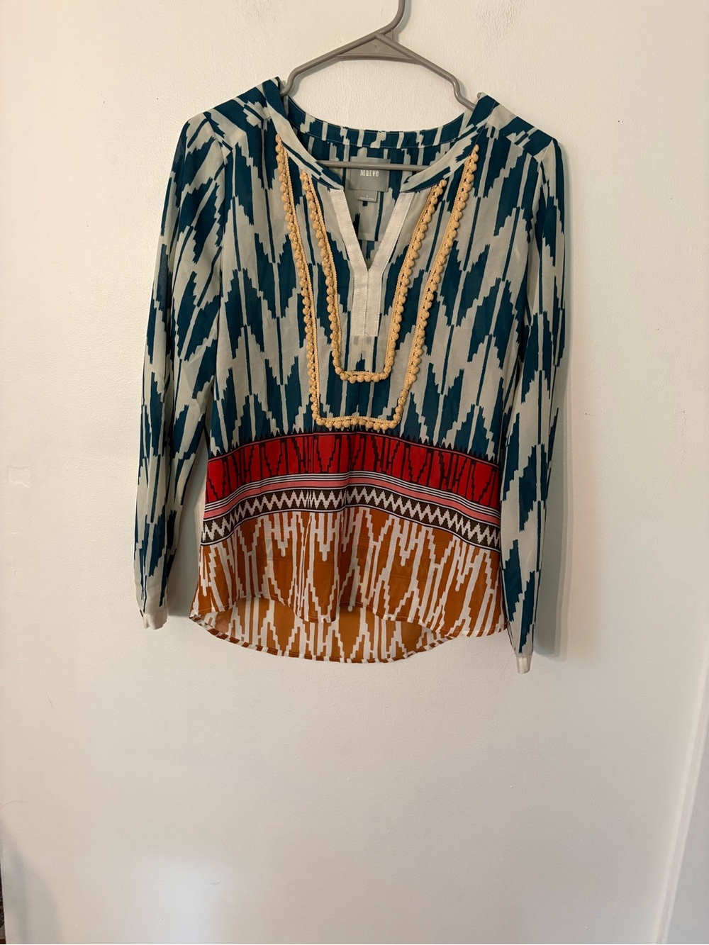 Maeve Teal, Red & Mustard Mixed-Print V-Neck Tunic
